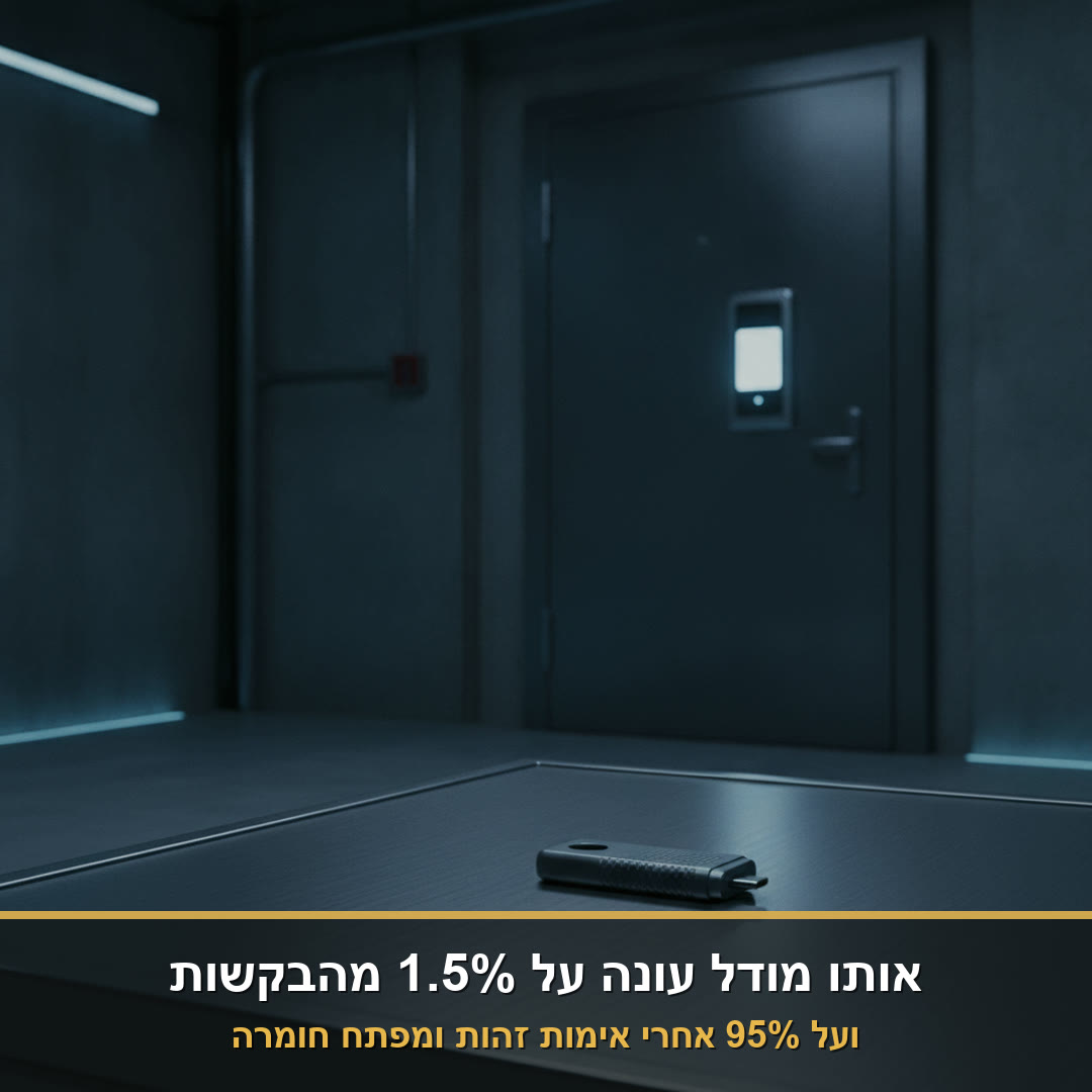מפתח אבטחה חומרתי על שולחן מתכת מול דלת פלדה עם קורא כרטיסים