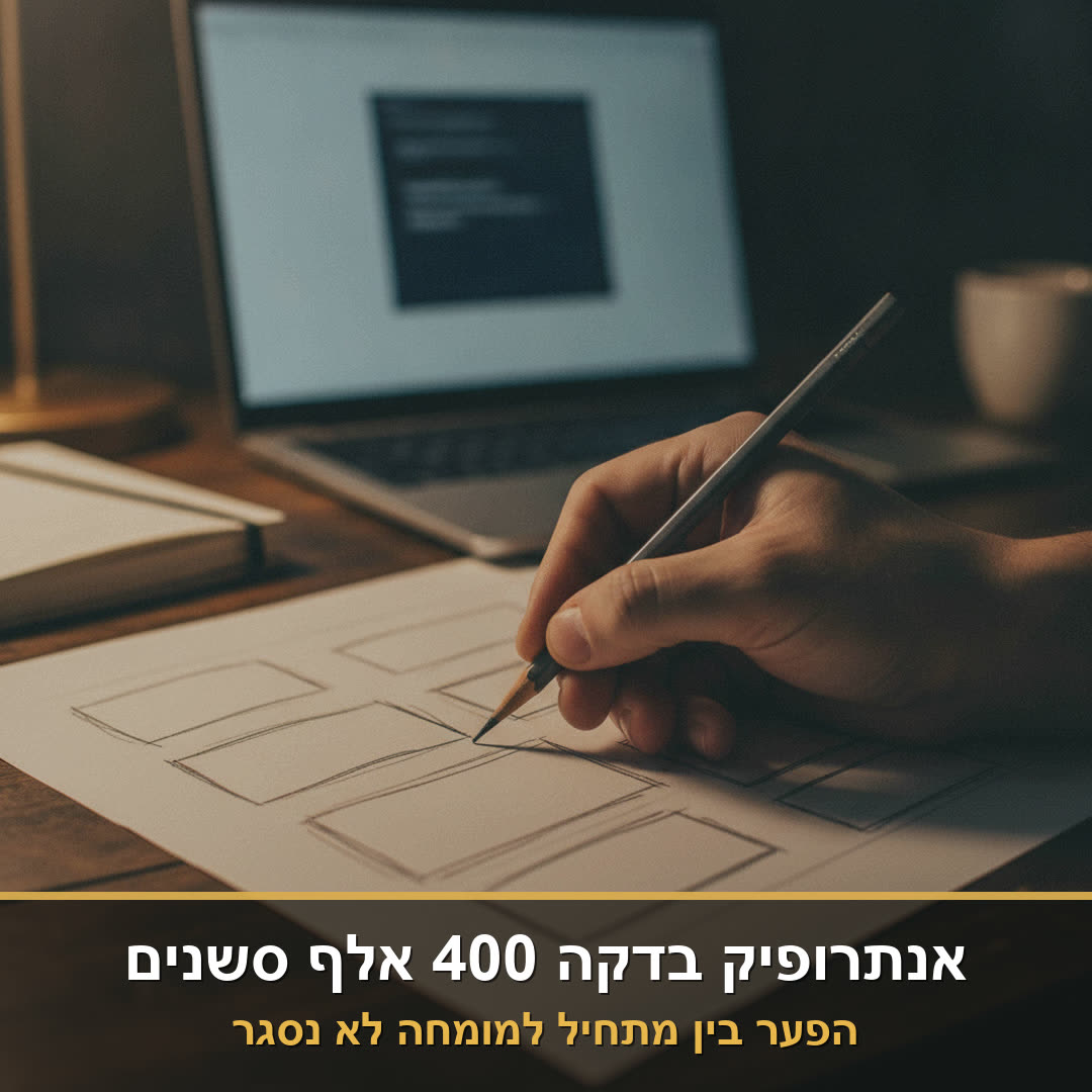 יד משרטטת בעיפרון מלבנים של ממשק על נייר, מול מסך לפטופ מטושטש