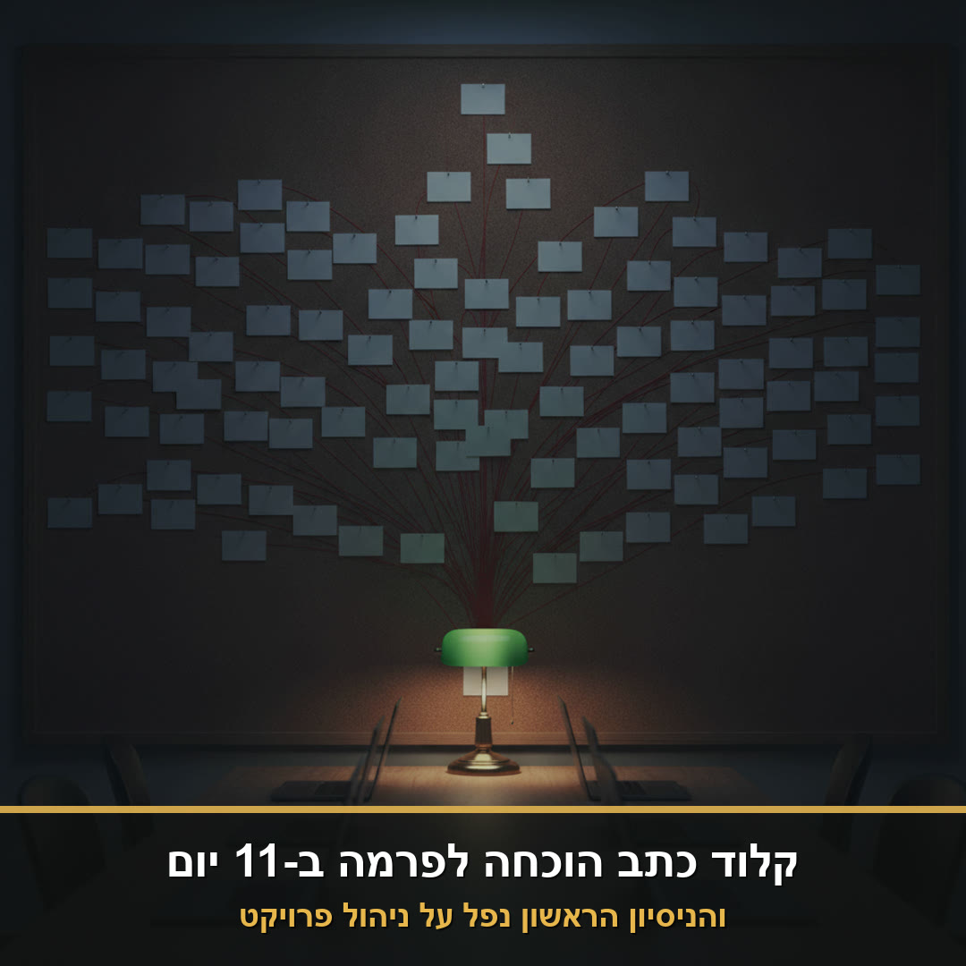 לוח שעם עם מאות כרטיסים מחוברים בחוטים לעץ תלויות, מעל שולחן עם מחשבים ניידים