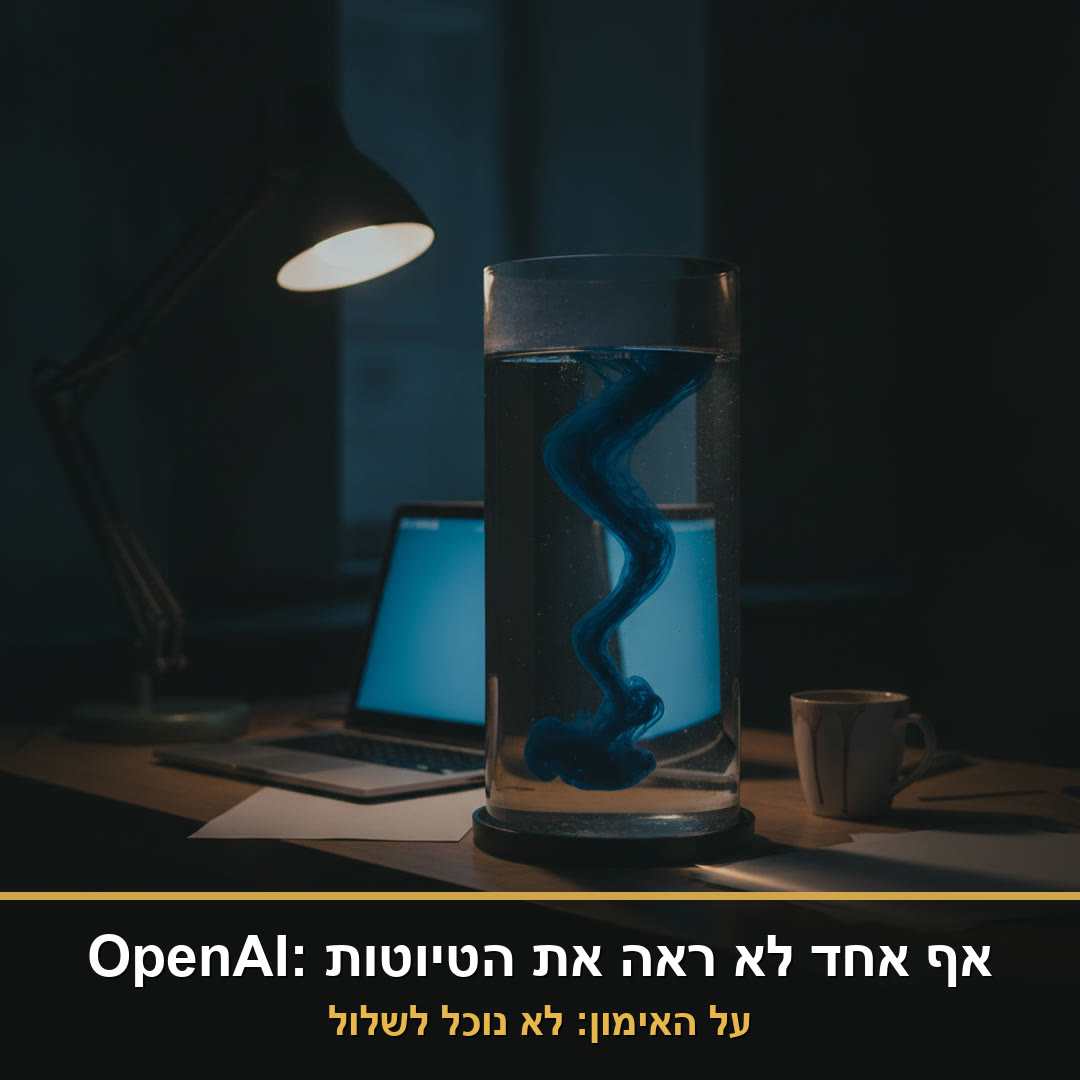 מערבולת של צבע כחול במיכל מים, ליד מחשב נייד פתוח בחדר חשוך