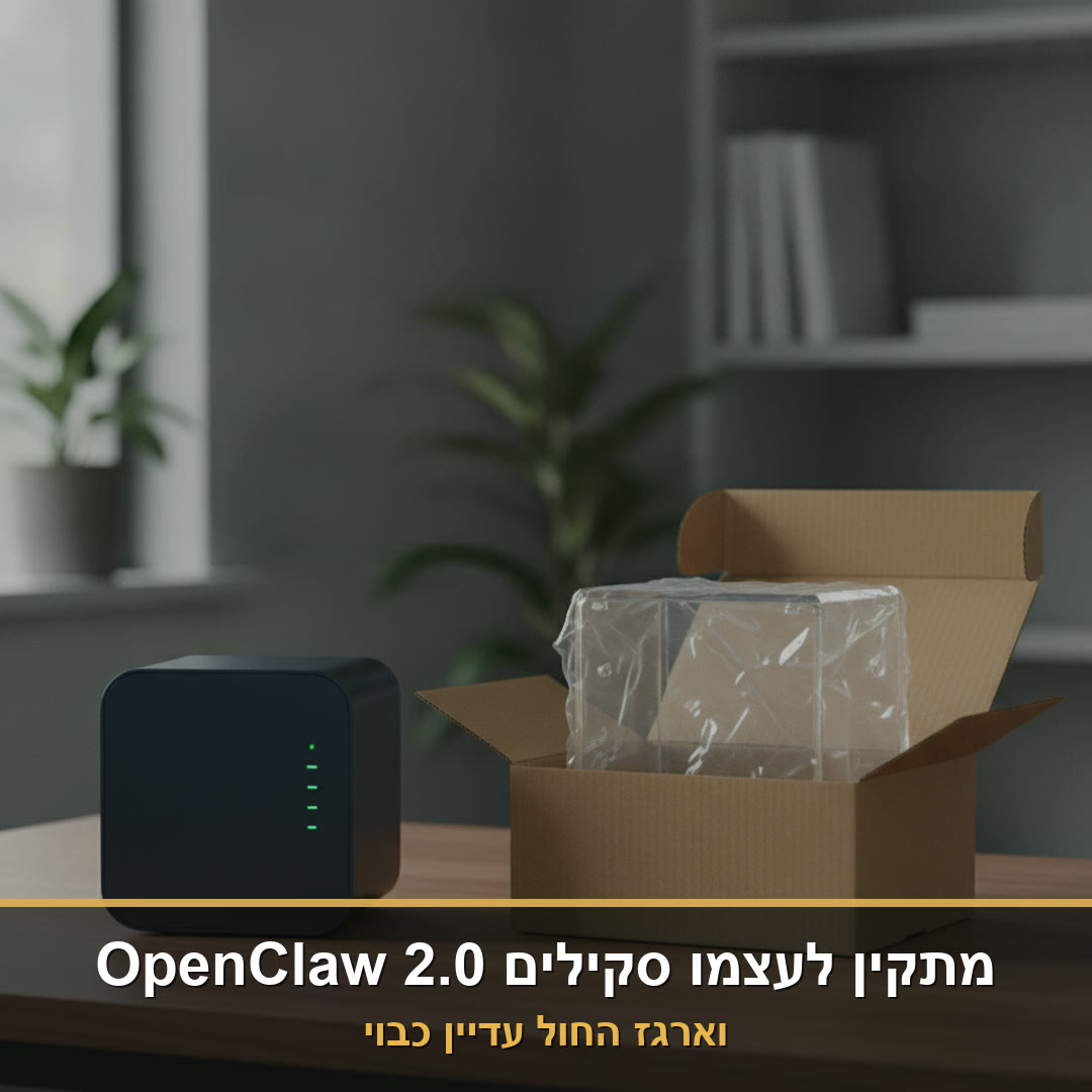 שרת ביתי קטן פועל על שולחן, ולידו מכסה מגן שקוף שעדיין עטוף בניילון בתוך הקרטון