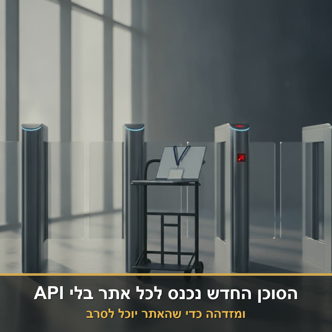 מחשב נייד על עגלה עם תג מבקר עוצר מול שערי כניסה, אחד פתוח ואחד נעול
