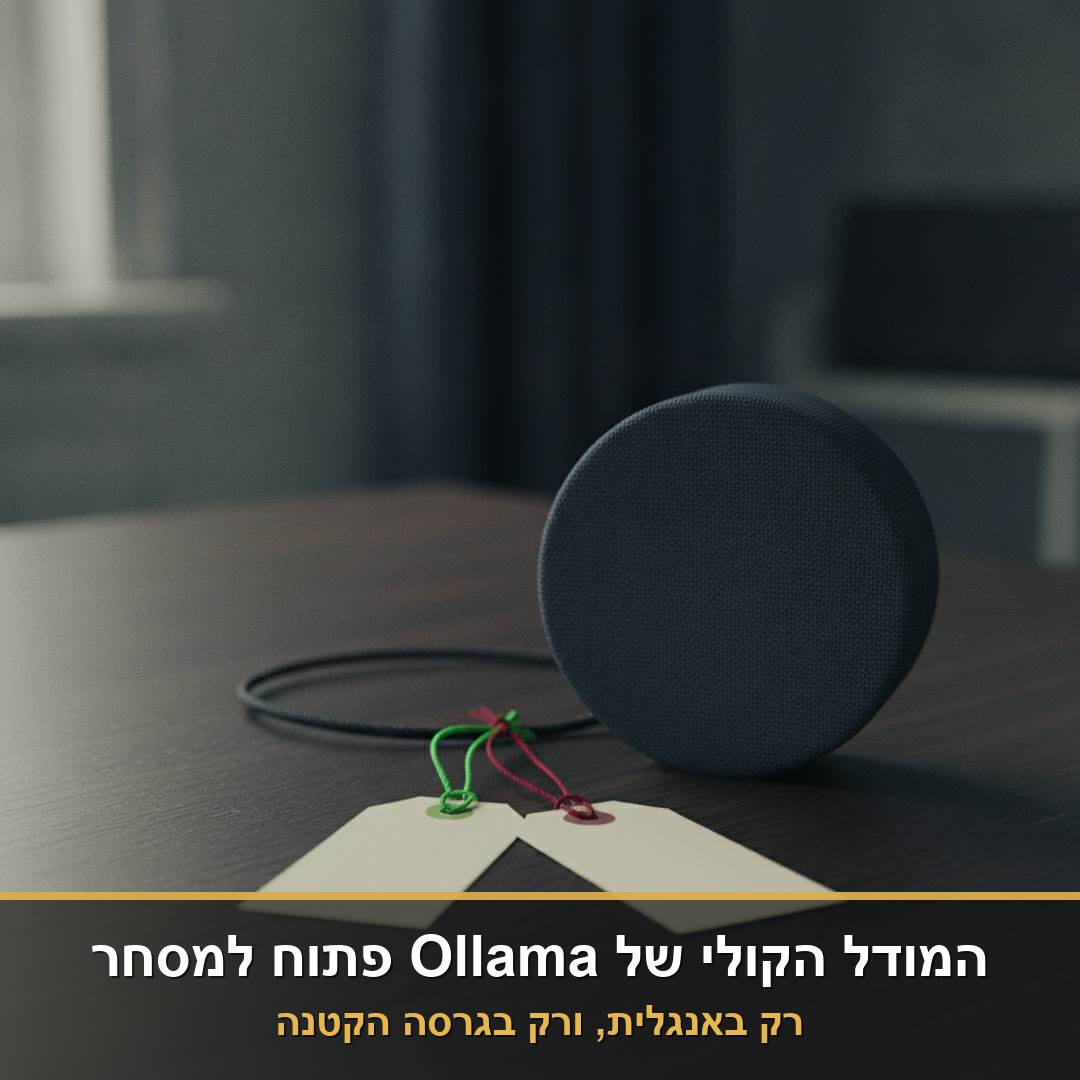 רמקול קטן על שולחן ושתי תוויות נייר תלויות מהכבל, אחת בחוט ירוק ואחת בחוט אדום